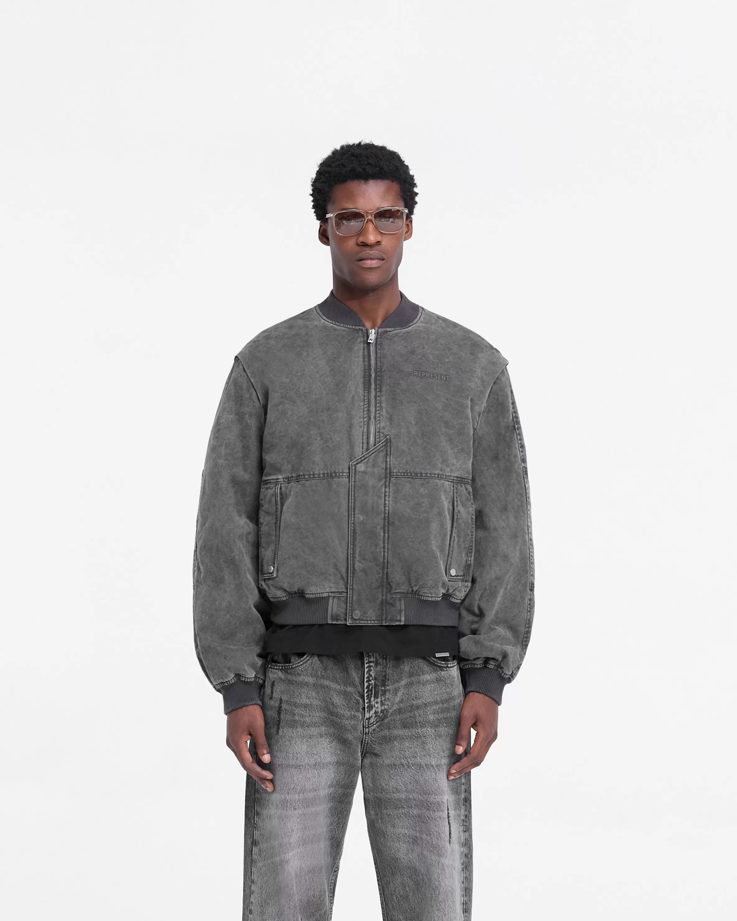 inset_sleeve_bomber__stained_black_2.webp Inset Sleeve Bomber - Stained Black^Represent Shop