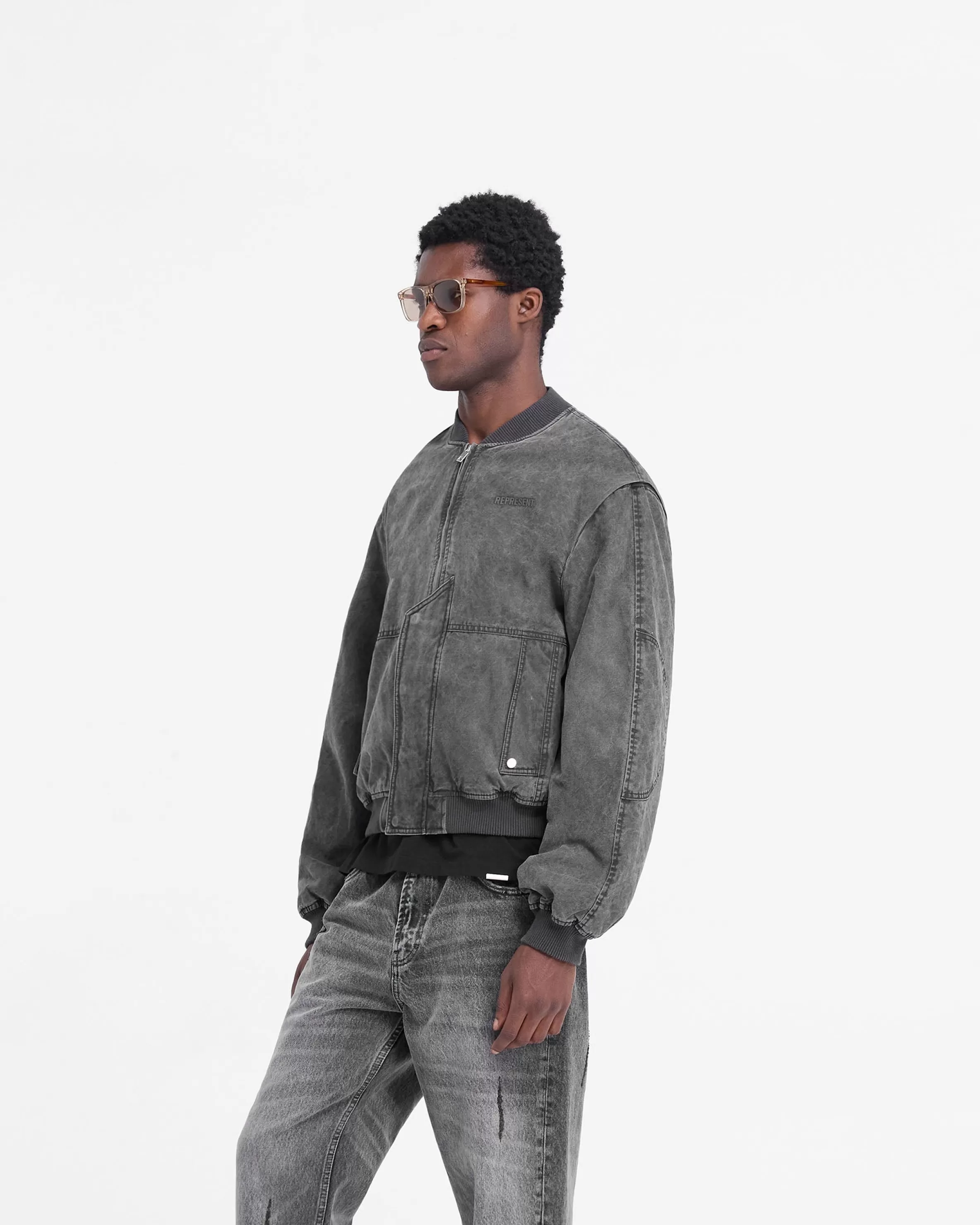 inset_sleeve_bomber__stained_black_3.webp Inset Sleeve Bomber - Stained Black^Represent Shop